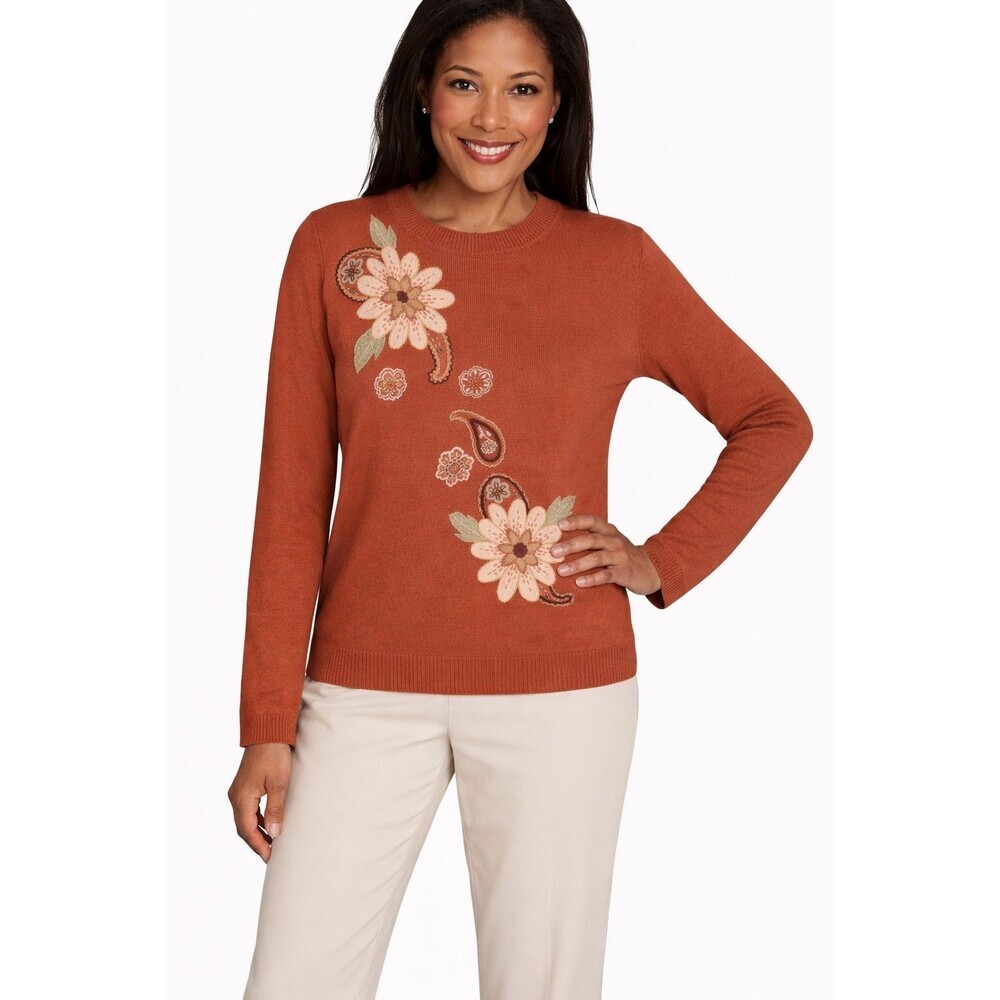 Vtg Artsy Flower Paisley Embroidered Women’s Brown Boho Wool Blend Knit Sweater